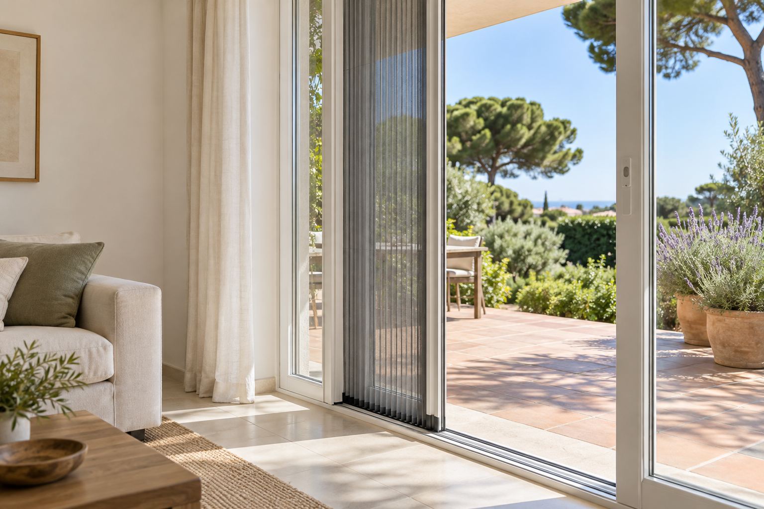 Mosquitera plisada en la puerta de la terraza de una casa con jardín