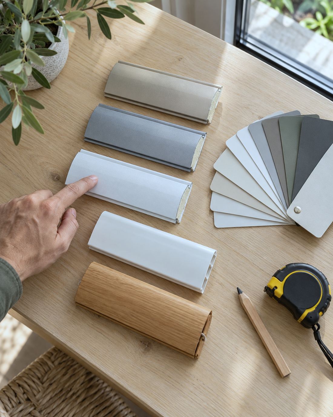 Muestras de lamas de aluminio, PVC y madera para elegir la persiana a medida