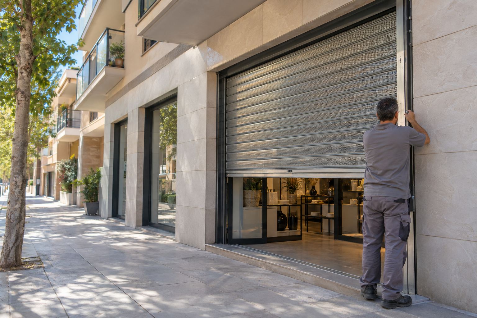 Persiana metálica microperforada de un local comercial a pie de calle en Castelldefels